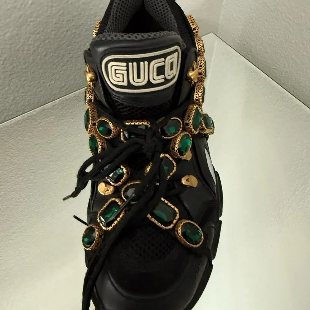 Brand new Gucci Black Mesh and Leather Flashtrek Reflective Removable Crystals